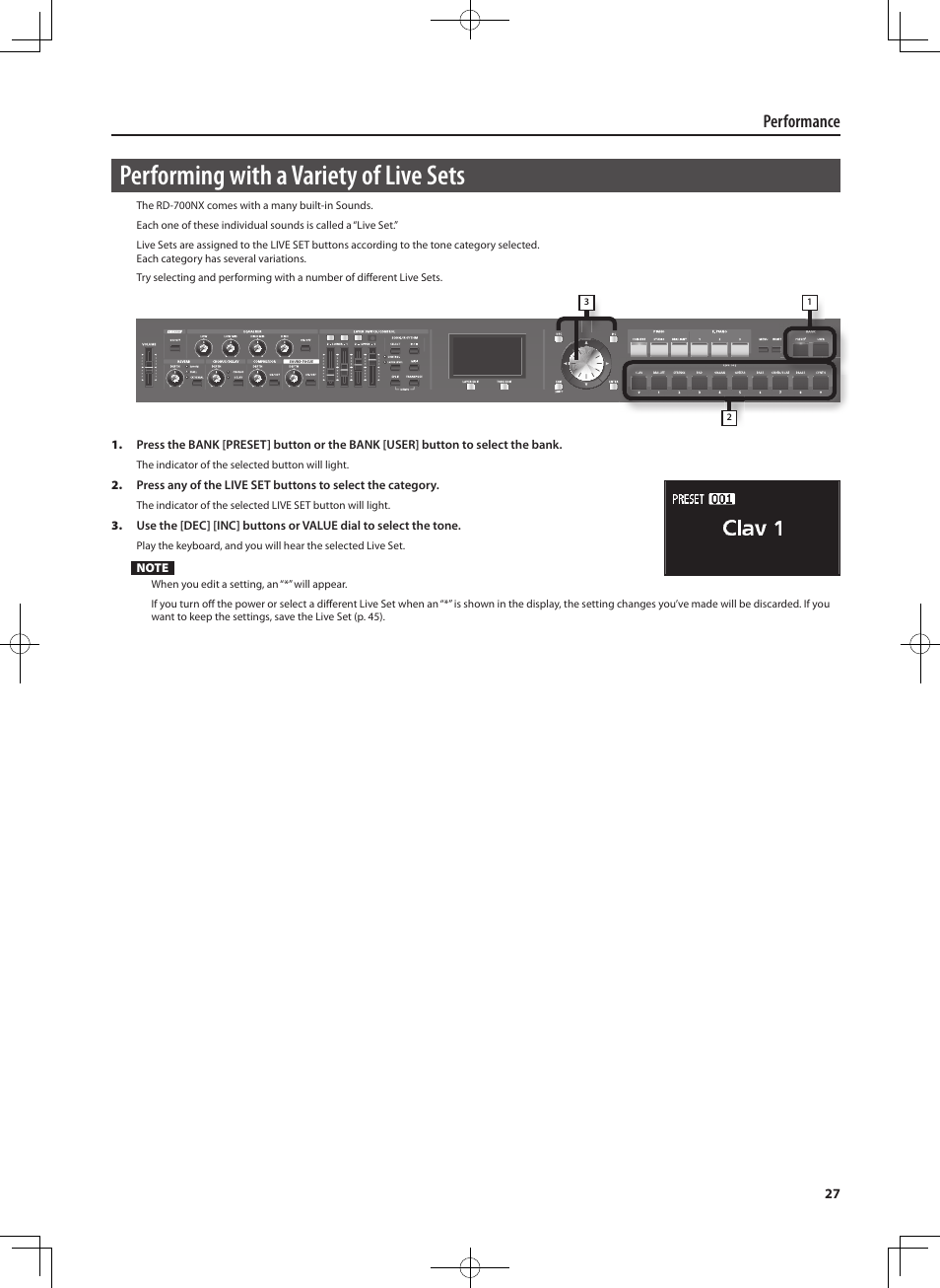 Performing with a variety of live sets, Performance | Roland RD-700NX User Manual | Page 26 / 106