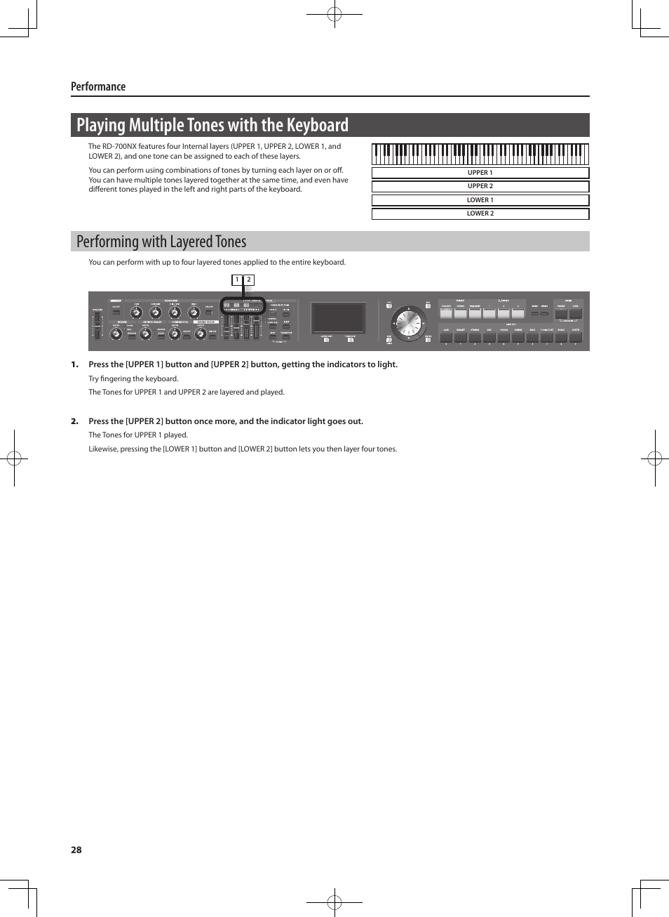 Playing multiple tones with the keyboard, Performing with layered tones, Performance | Roland RD-700NX User Manual | Page 27 / 106