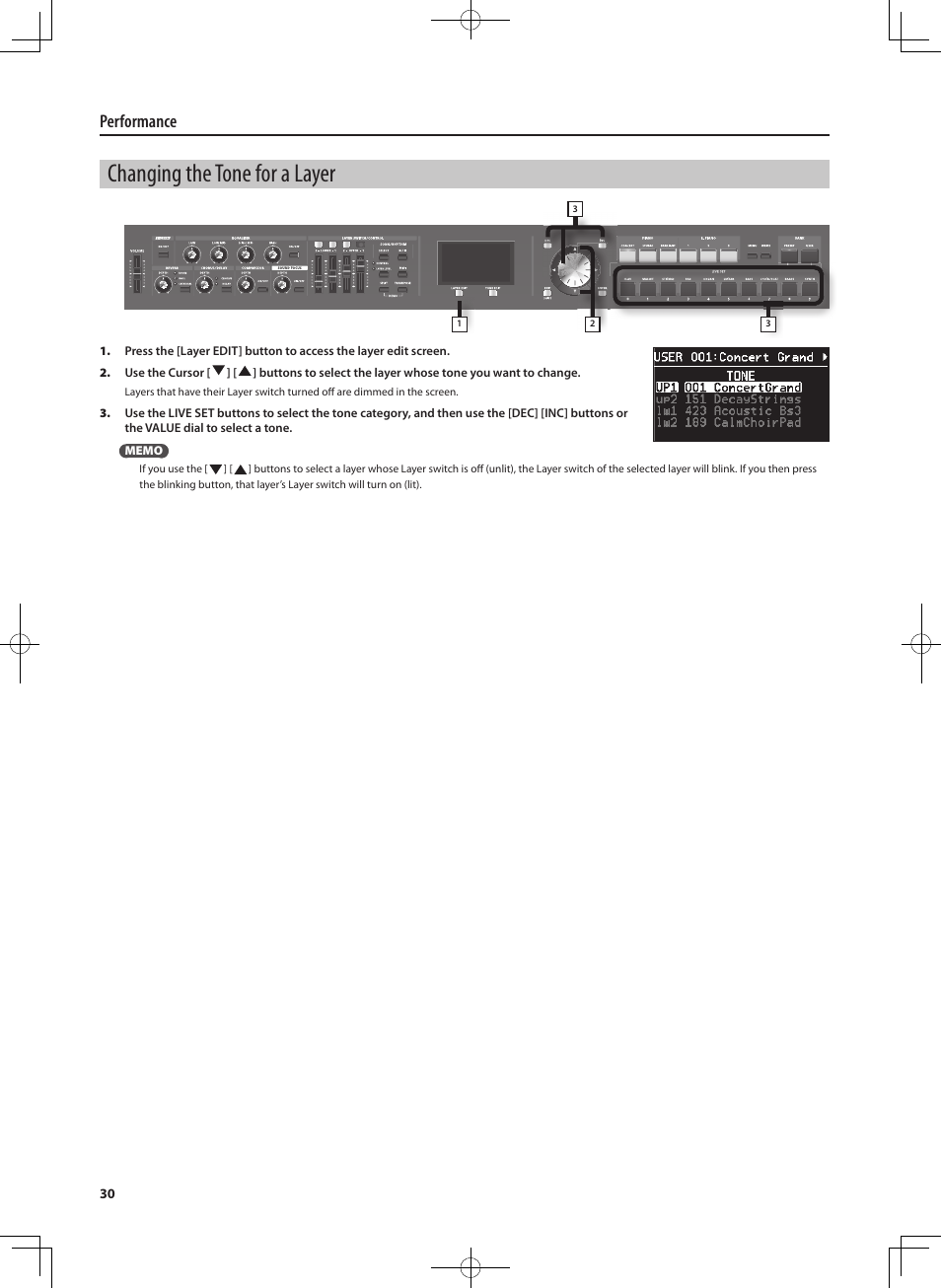 Changing the tone for a layer, Performance | Roland RD-700NX User Manual | Page 29 / 106