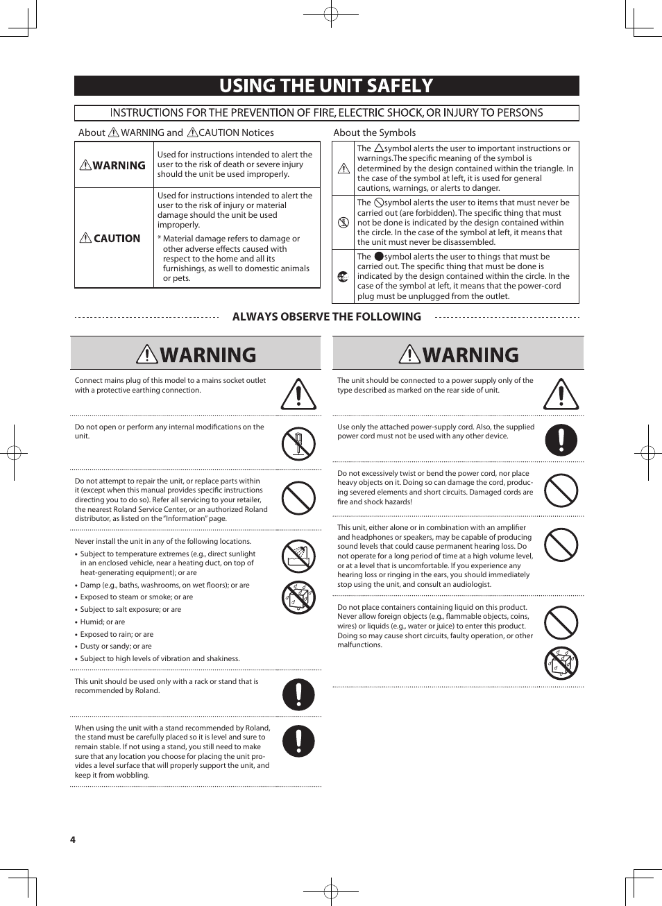 Using the unit safely, Always observe the following | Roland RD-700NX User Manual | Page 3 / 106