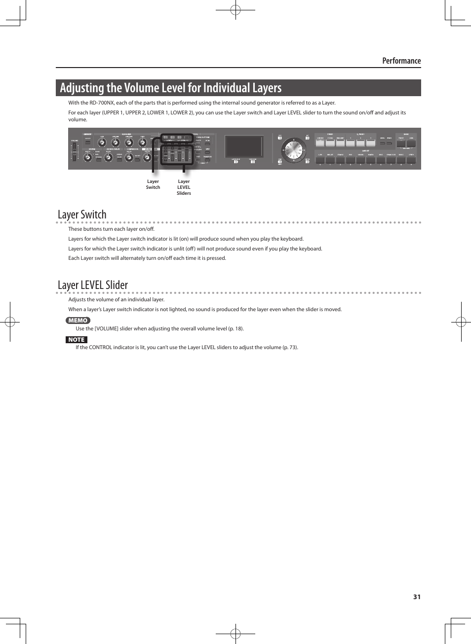 Adjusting the volume level for individual layers, Layer switch, Layer level slider | Performance | Roland RD-700NX User Manual | Page 30 / 106