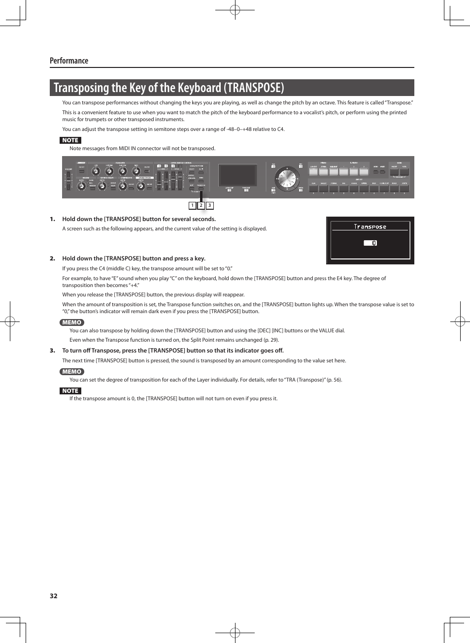 Transposing the key of the keyboard (transpose), Performance | Roland RD-700NX User Manual | Page 31 / 106