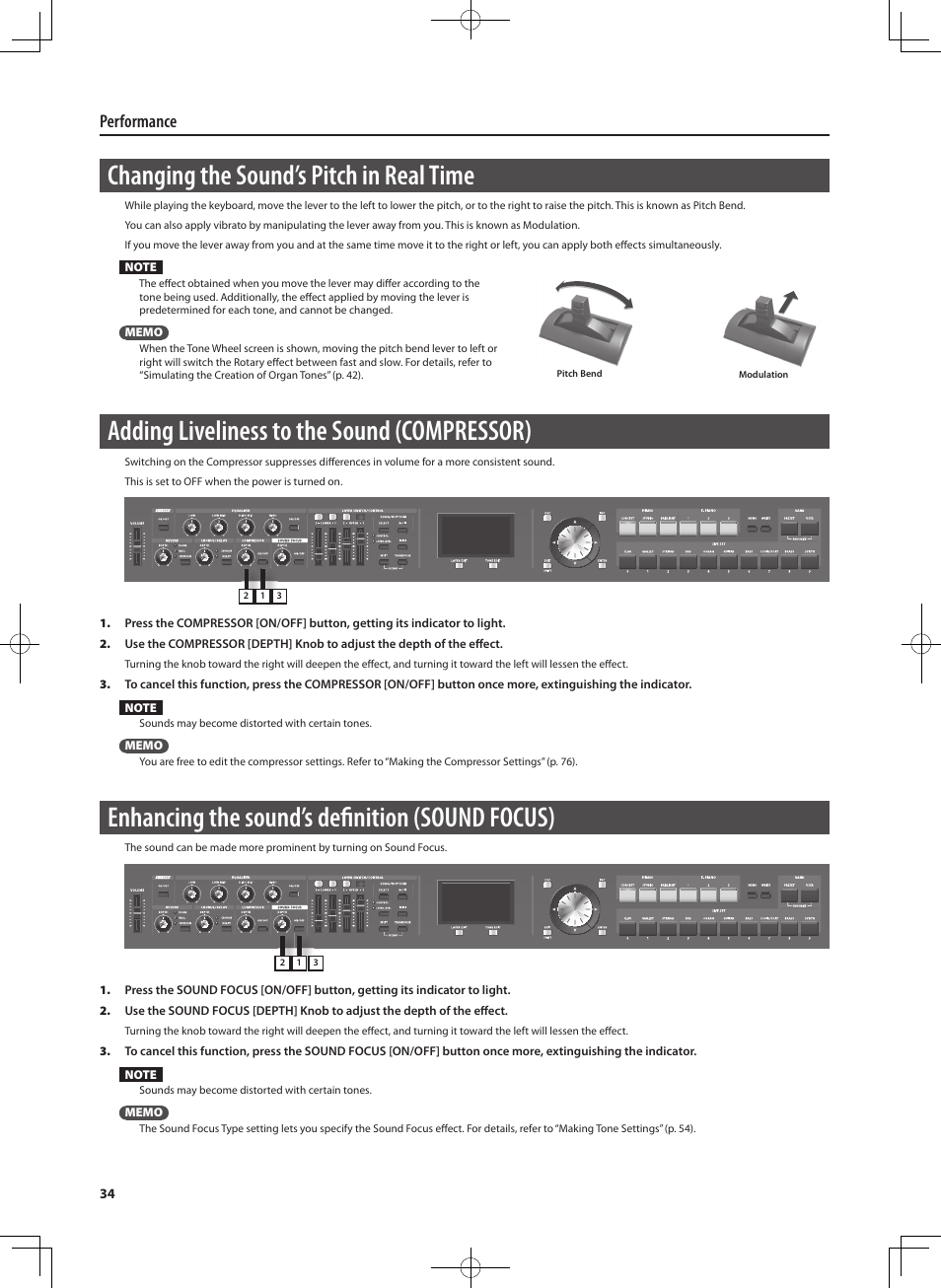 Changing the sound’s pitch in real time, Adding liveliness to the sound (compressor), Enhancing the sound’s deﬁ nition (sound focus) | Performance | Roland RD-700NX User Manual | Page 33 / 106