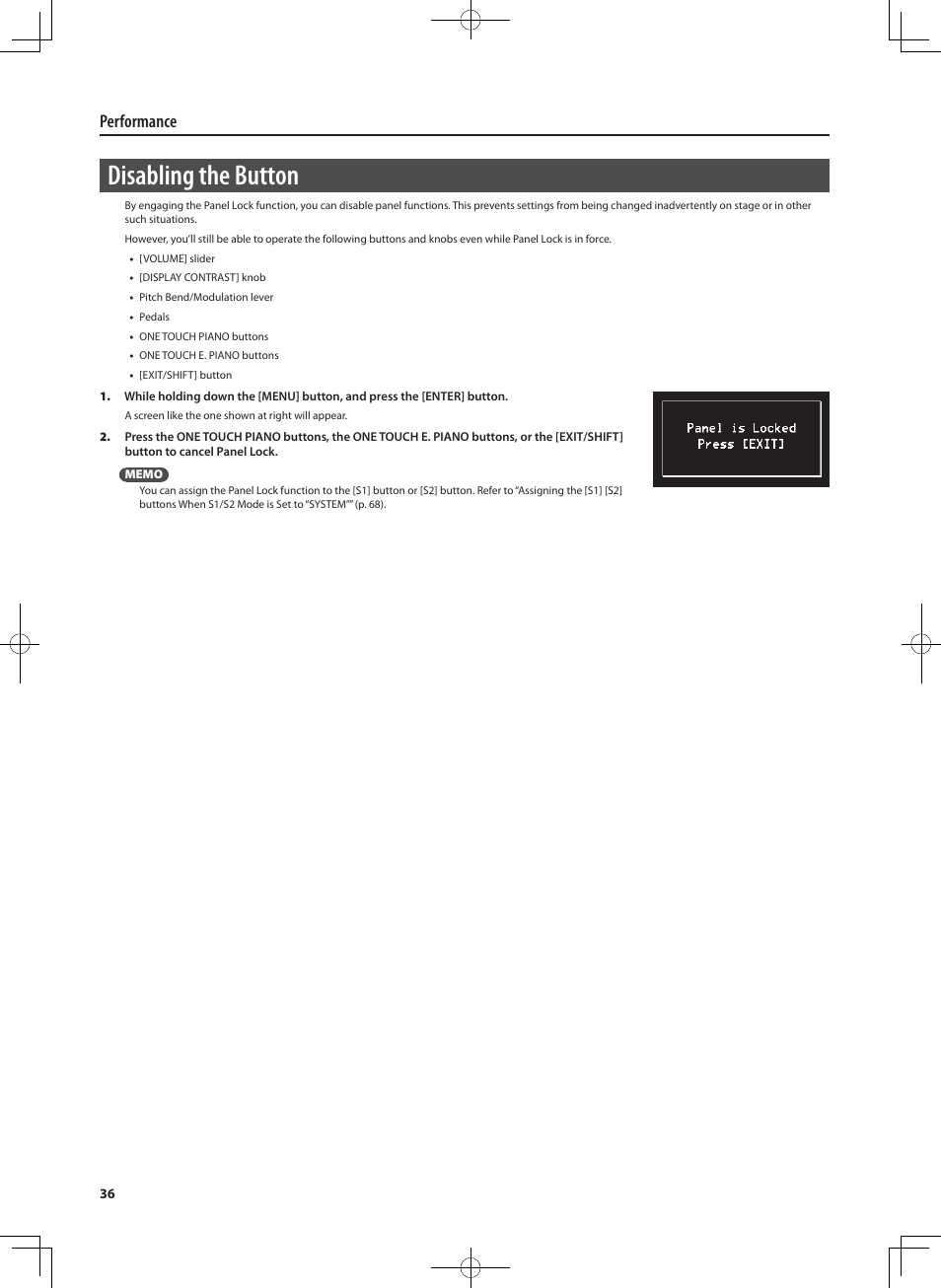 Disabling the button, Performance | Roland RD-700NX User Manual | Page 35 / 106