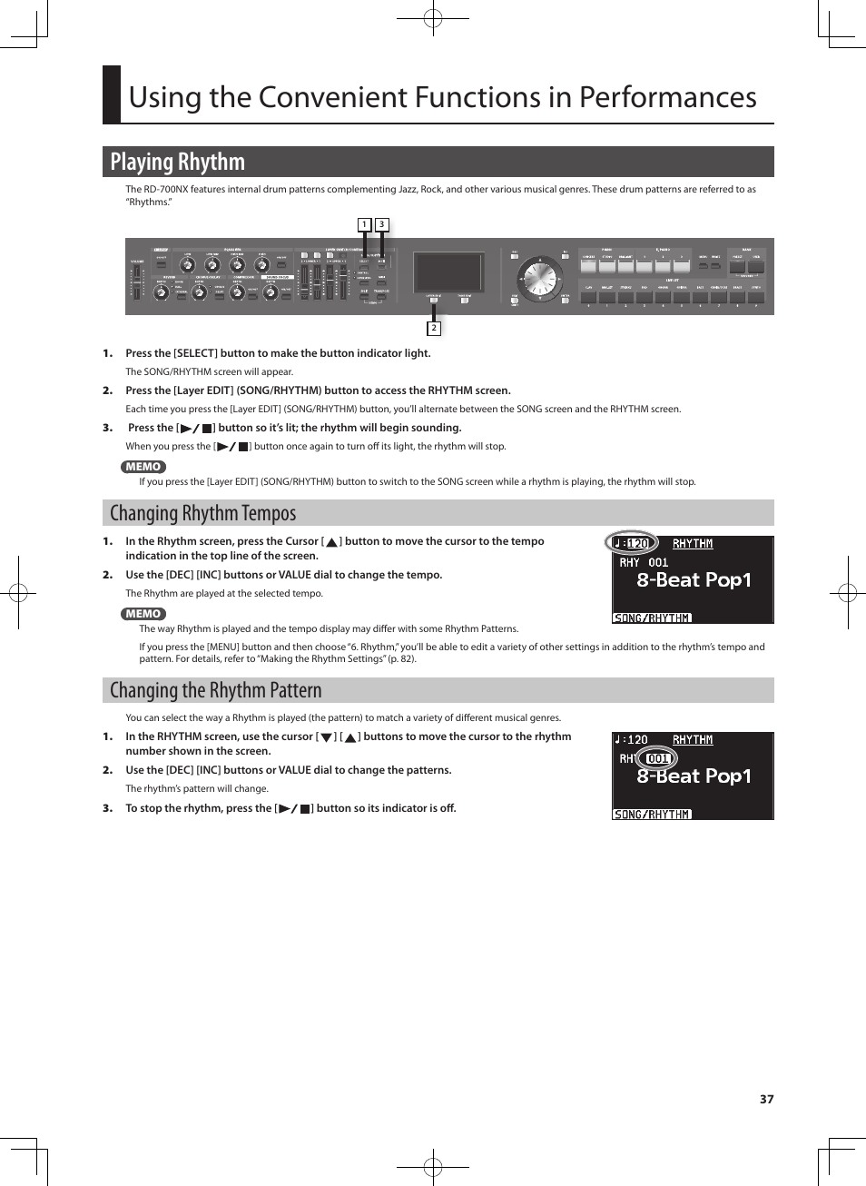 Using the convenient functions in performances, Playing rhythm, Changing rhythm tempos | Changing the rhythm pattern | Roland RD-700NX User Manual | Page 36 / 106