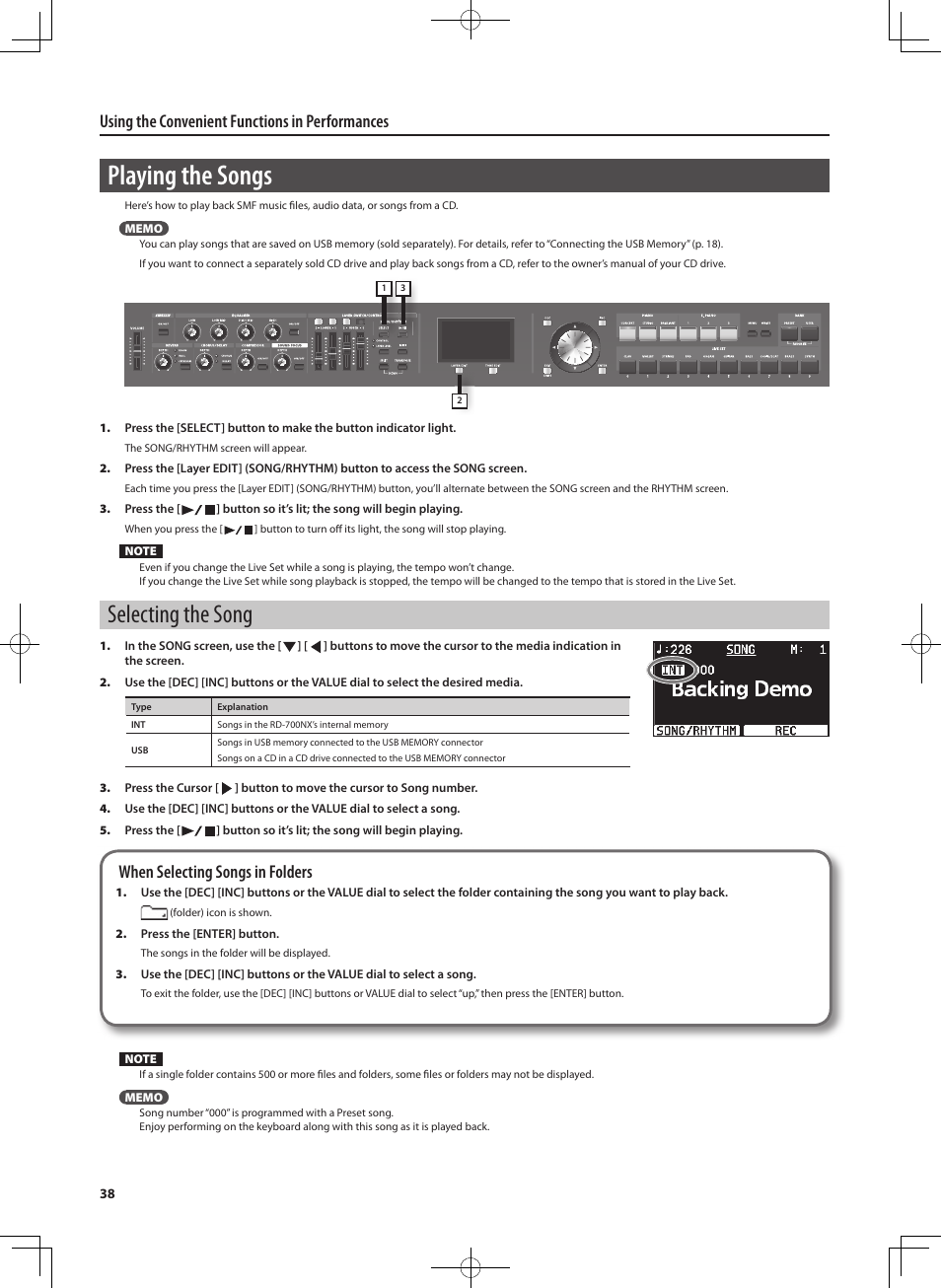 Playing the songs, Selecting the song, Using the convenient functions in performances | When selecting songs in folders | Roland RD-700NX User Manual | Page 37 / 106