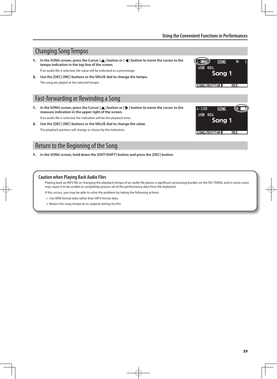 Changing song tempos, Fast-forwarding or rewinding a song, Return to the beginning of the song | Using the convenient functions in performances, Caution when playing back audio files | Roland RD-700NX User Manual | Page 38 / 106