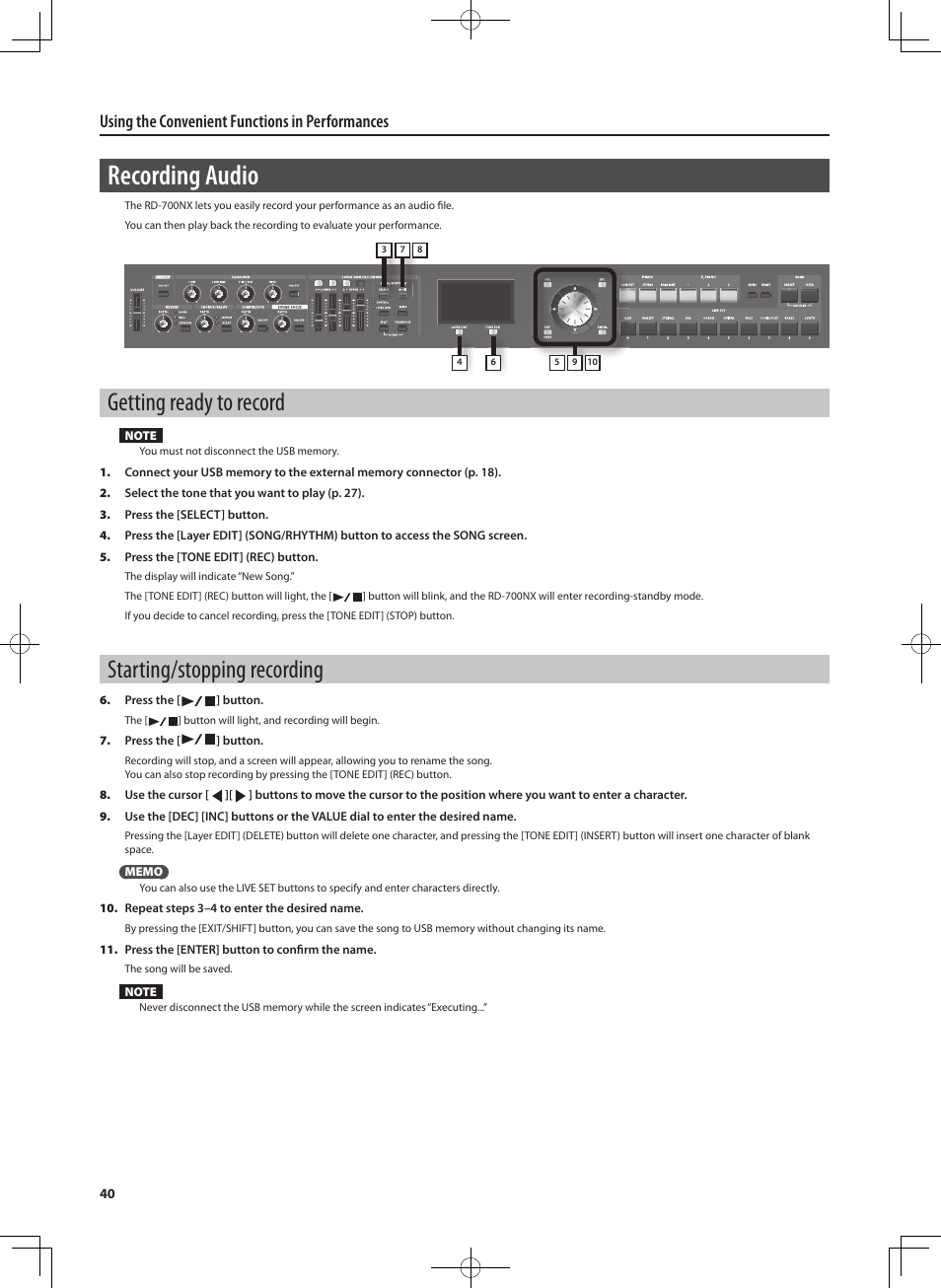 Recording audio, Getting ready to record, Starting/stopping recording | Using the convenient functions in performances | Roland RD-700NX User Manual | Page 39 / 106