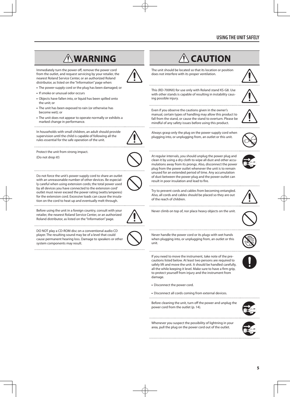 Using the unit safely | Roland RD-700NX User Manual | Page 4 / 106