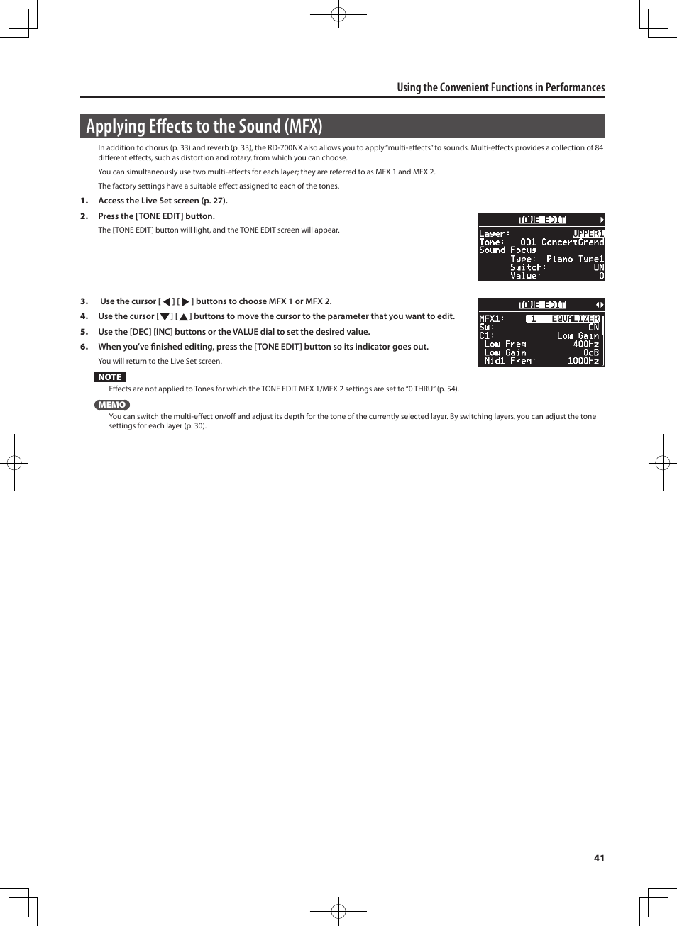 Applying eff ects to the sound (mfx), Using the convenient functions in performances | Roland RD-700NX User Manual | Page 40 / 106