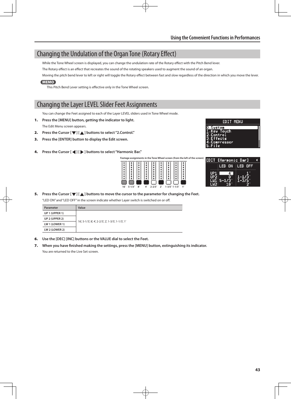 Changing the layer level slider feet assignments, Using the convenient functions in performances | Roland RD-700NX User Manual | Page 42 / 106