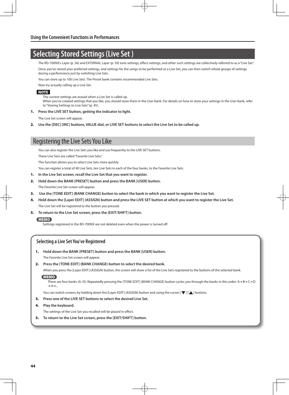 Selecting stored settings (live set ), Registering the live sets you like, Using the convenient functions in performances | Selecting a live set you’ve registered | Roland RD-700NX User Manual | Page 43 / 106