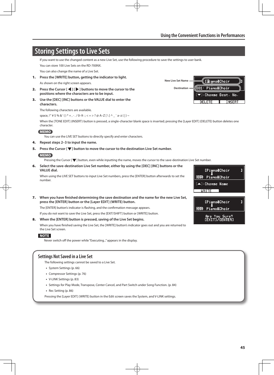 Storing settings to live sets, Using the convenient functions in performances, Settings not saved in a live set | Roland RD-700NX User Manual | Page 44 / 106