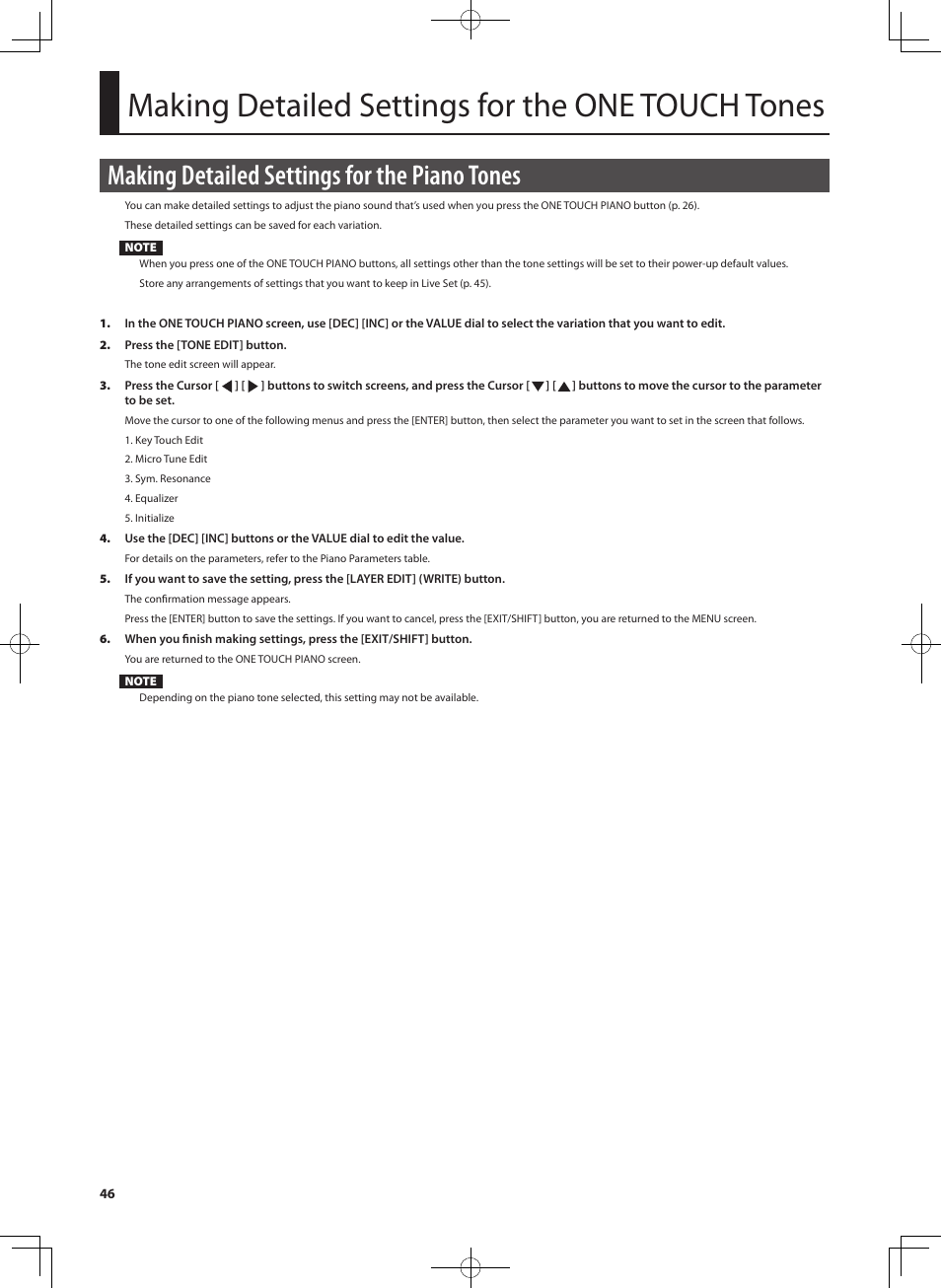 Making detailed settings for the one touch tones, Making detailed settings for the piano tones | Roland RD-700NX User Manual | Page 45 / 106