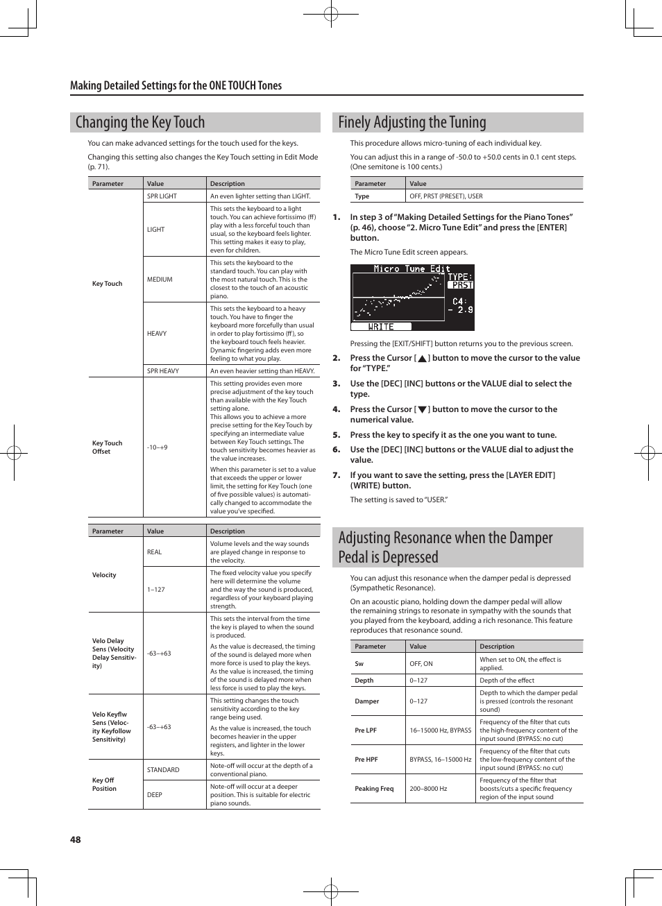 Changing the key touch, Finely adjusting the tuning, Making detailed settings for the one touch tones | Roland RD-700NX User Manual | Page 47 / 106