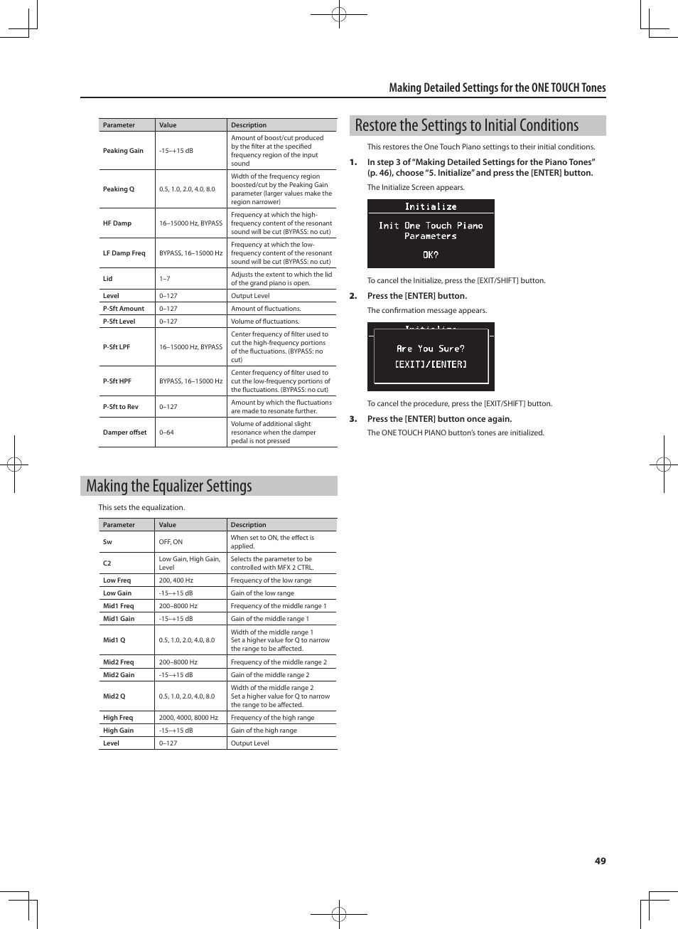 Making the equalizer settings, Restore the settings to initial conditions, Making detailed settings for the one touch tones | Roland RD-700NX User Manual | Page 48 / 106