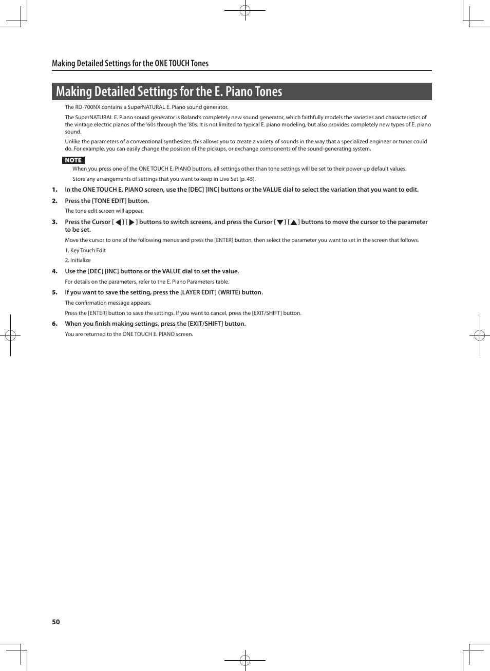 Making detailed settings for the e. piano tones, Making detailed settings for the one touch tones | Roland RD-700NX User Manual | Page 49 / 106