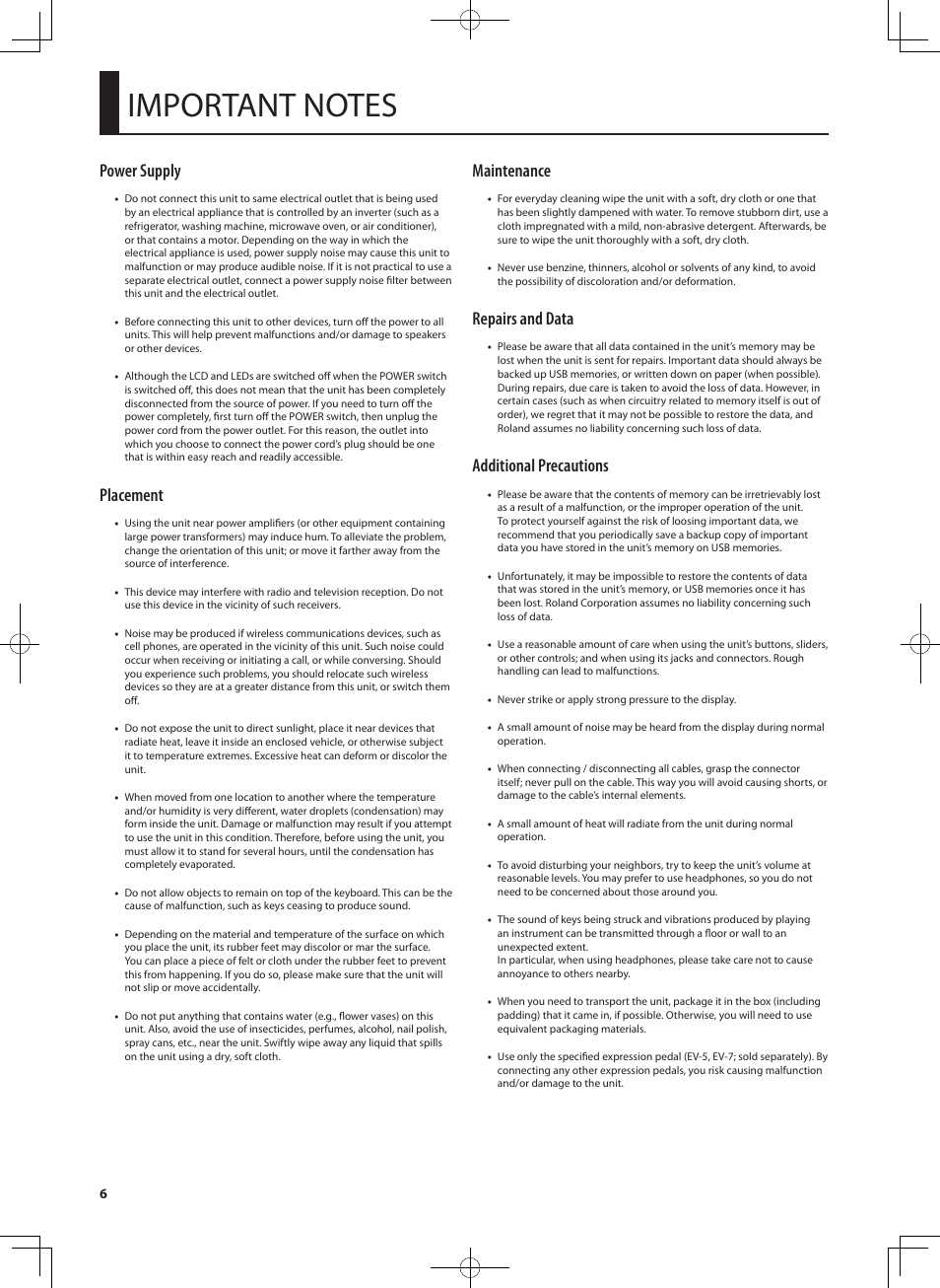 Power supply, Placement, Maintenance | Repairs and data, Additional precautions | Roland RD-700NX User Manual | Page 5 / 106