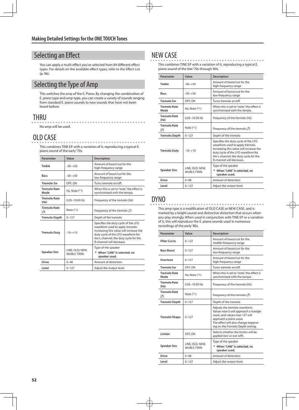 Selecting an effect, Selecting the type of amp, Thru | Old case, New case, Dyno, Making detailed settings for the one touch tones | Roland RD-700NX User Manual | Page 51 / 106