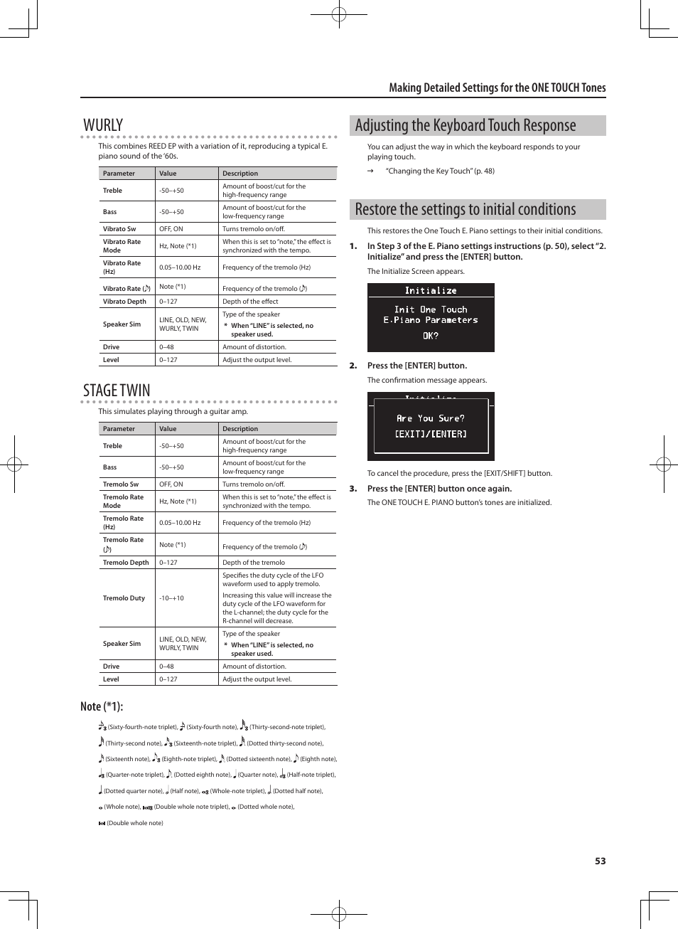 Wurly, Stage twin, Adjusting the keyboard touch response | Restore the settings to initial conditions, Making detailed settings for the one touch tones | Roland RD-700NX User Manual | Page 52 / 106