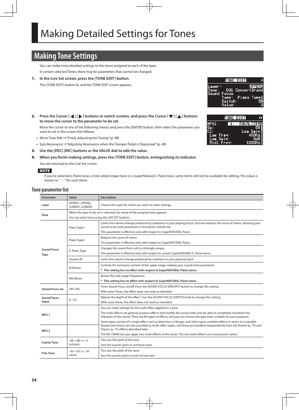 Making detailed settings for tones, Making tone settings, Tone parameter list | Roland RD-700NX User Manual | Page 53 / 106