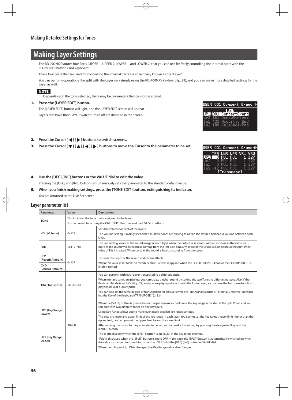 Making layer settings, Making detailed settings for tones, Layer parameter list | Roland RD-700NX User Manual | Page 55 / 106