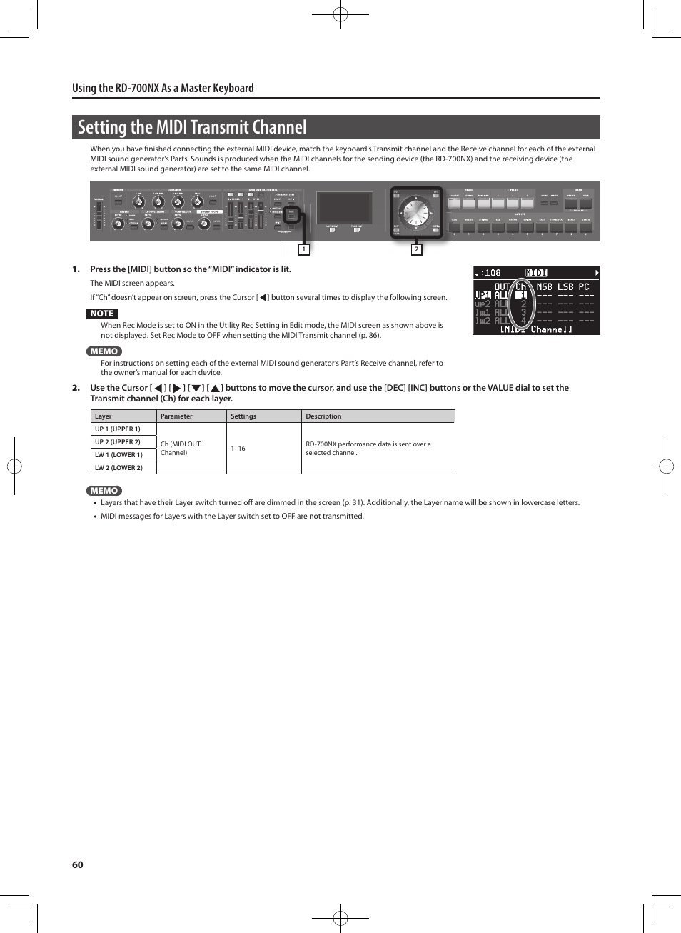 Setting the midi transmit channel, Using the rd-700nx as a master keyboard | Roland RD-700NX User Manual | Page 59 / 106