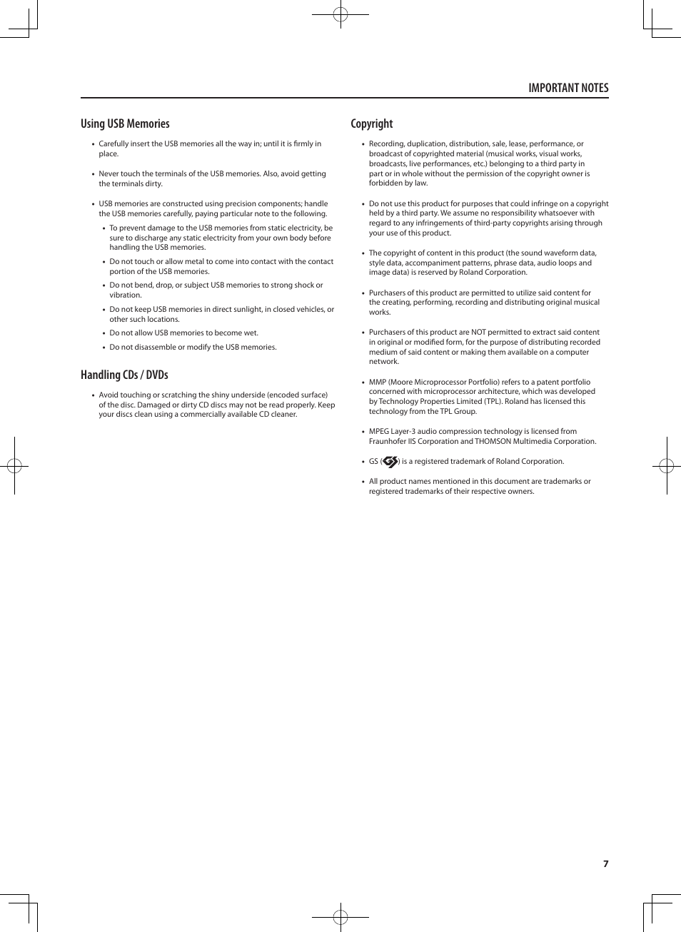 Handling cds / dvds, Copyright | Roland RD-700NX User Manual | Page 6 / 106