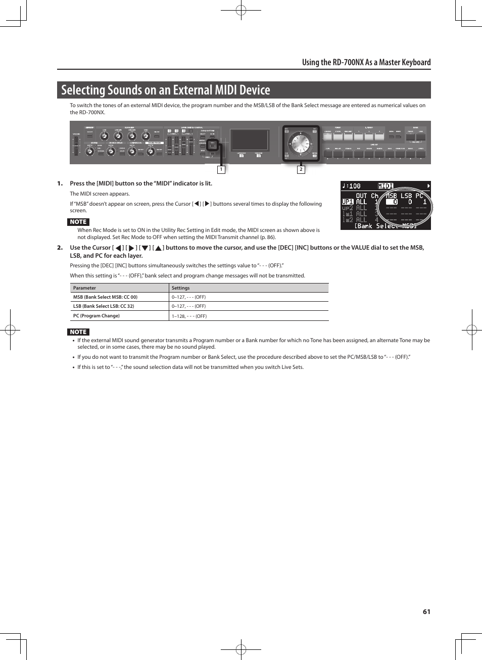 Selecting sounds on an external midi device, Using the rd-700nx as a master keyboard | Roland RD-700NX User Manual | Page 60 / 106