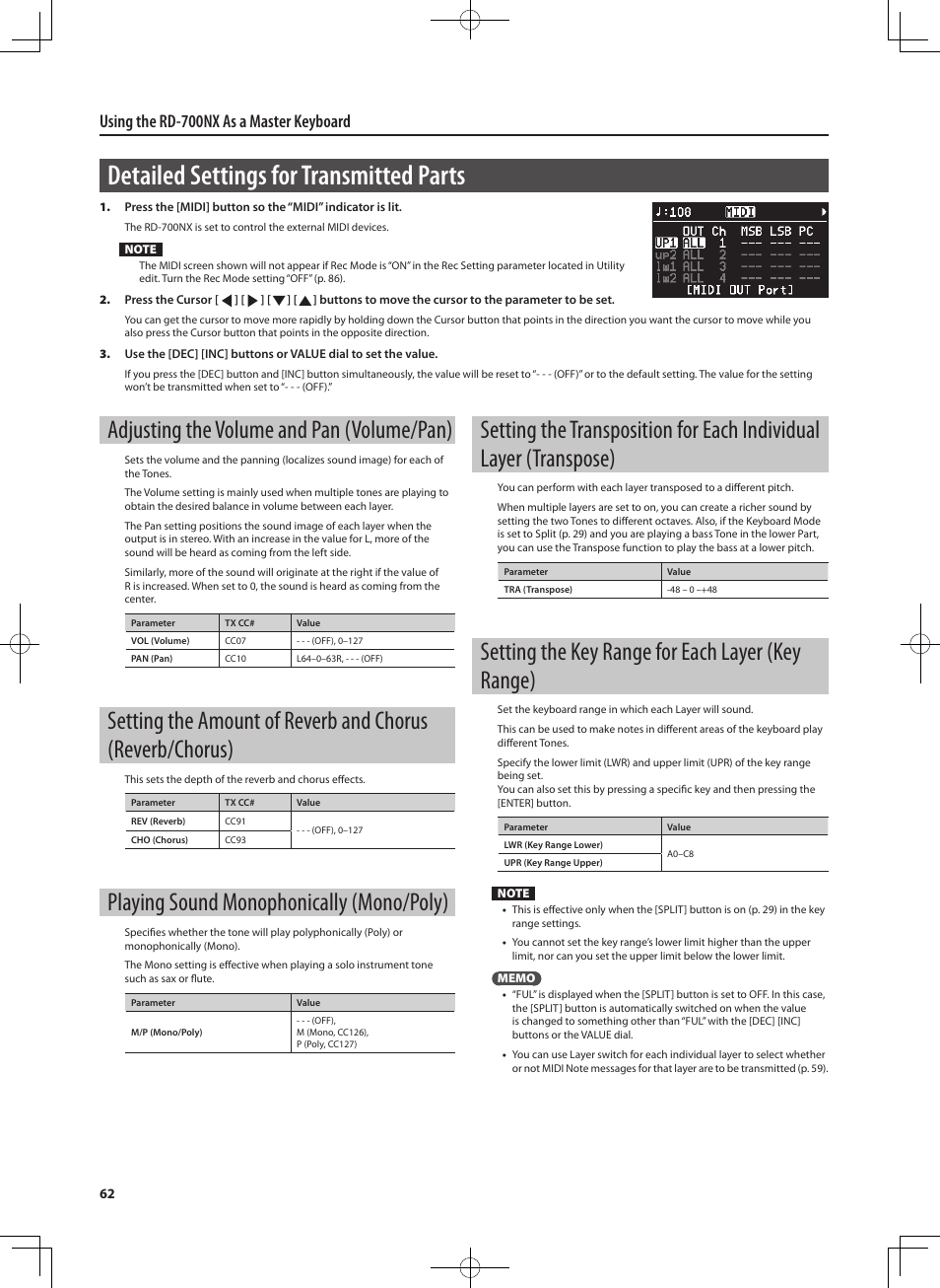 Detailed settings for transmitted parts, Adjusting the volume and pan (volume/pan), Playing sound monophonically (mono/poly) | Setting the key range for each layer (key range), Using the rd-700nx as a master keyboard | Roland RD-700NX User Manual | Page 61 / 106