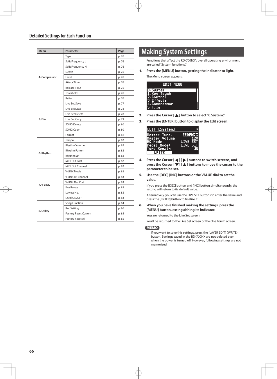 Making system settings, Detailed settings for each function | Roland RD-700NX User Manual | Page 65 / 106