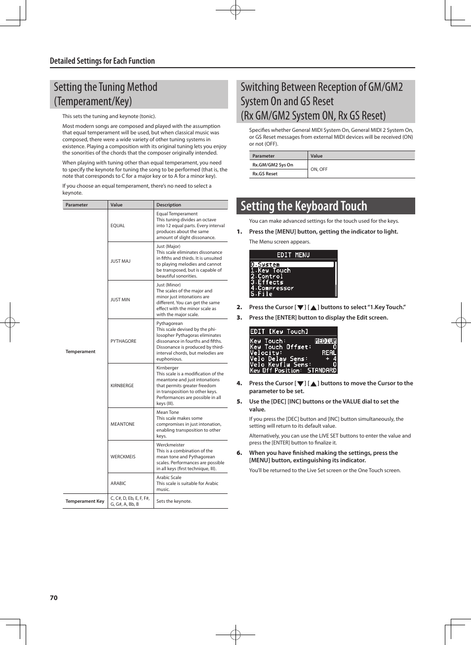 Setting the keyboard touch, Setting the tuning method (temperament/key), Detailed settings for each function | Roland RD-700NX User Manual | Page 69 / 106