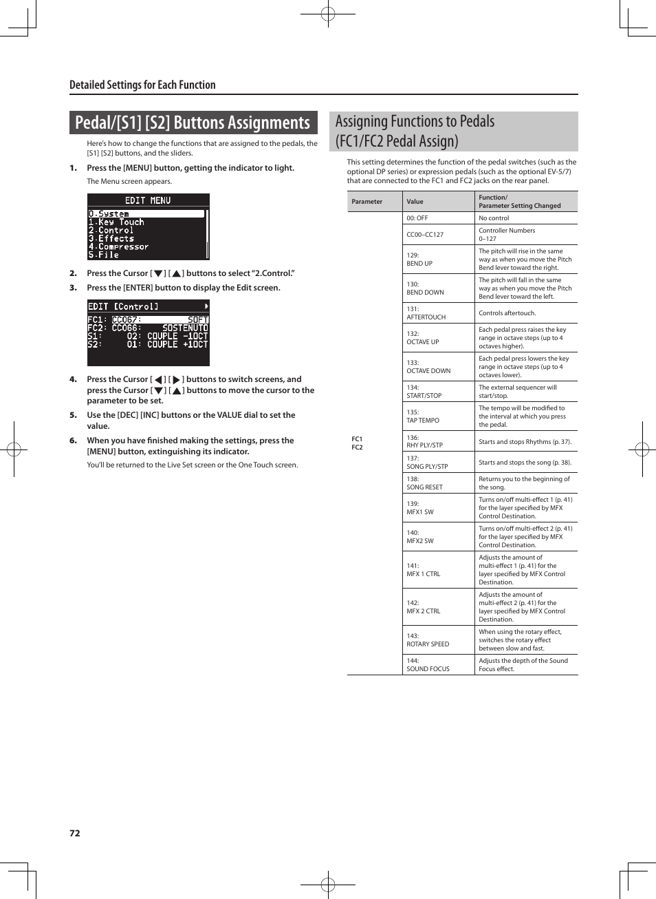 Pedal/[s1] [s2] buttons assignments, Detailed settings for each function | Roland RD-700NX User Manual | Page 71 / 106