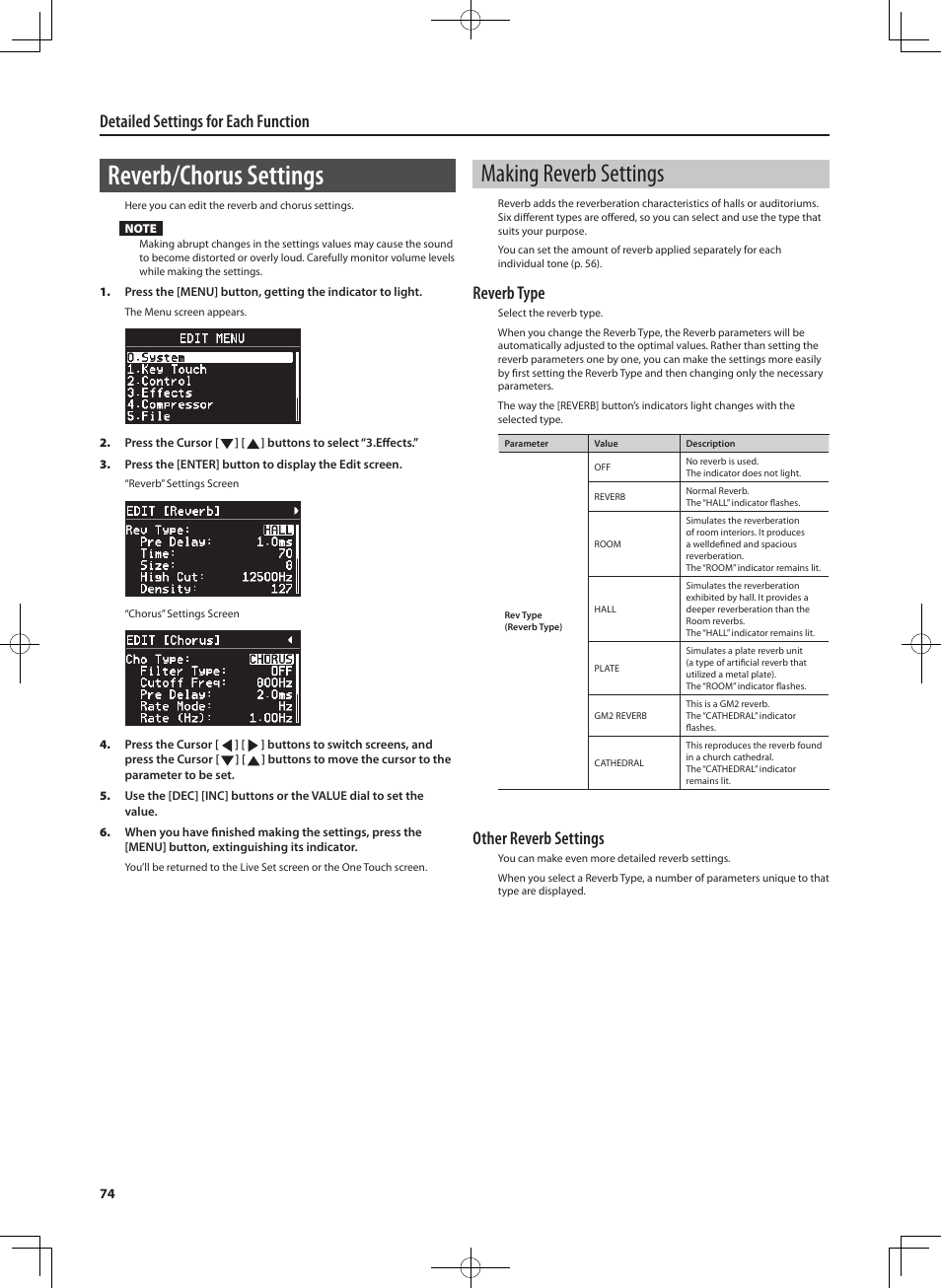 Reverb/chorus settings, Making reverb settings, Detailed settings for each function | Reverb type, Other reverb settings | Roland RD-700NX User Manual | Page 73 / 106