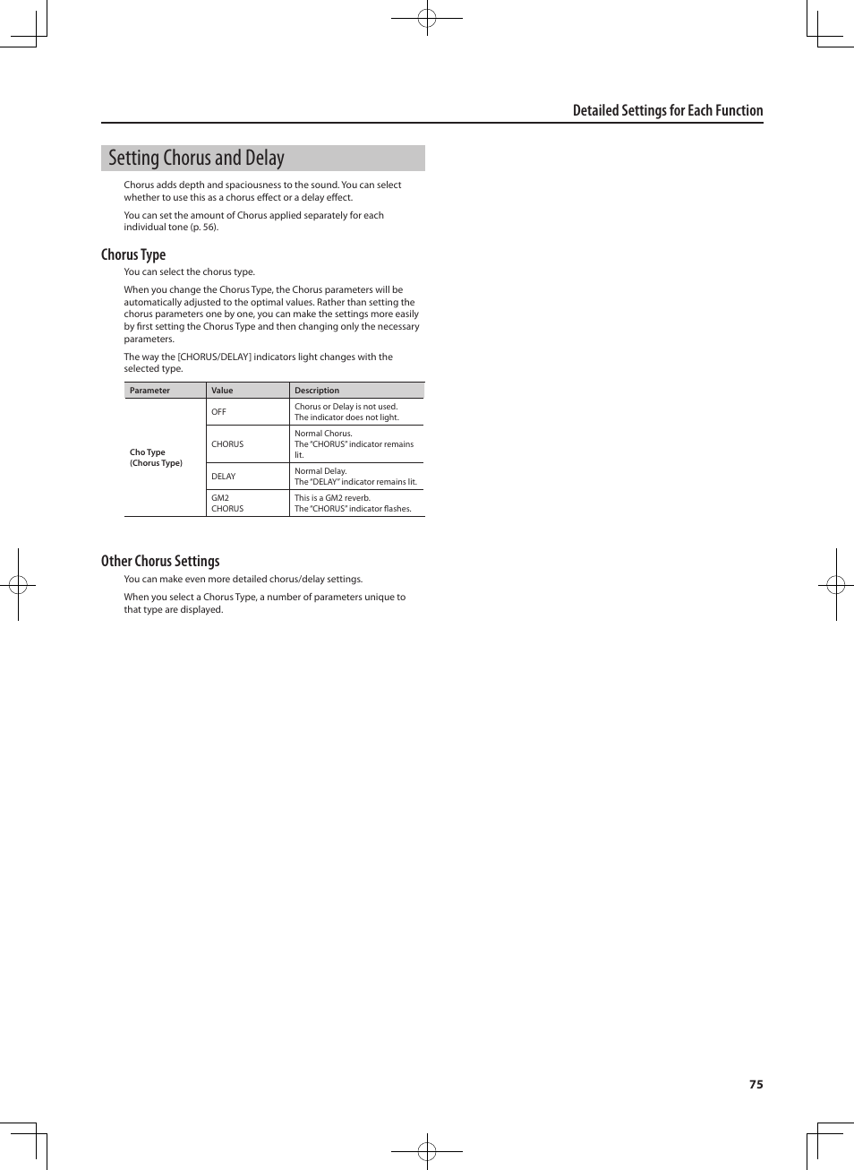 Setting chorus and delay, Detailed settings for each function, Chorus type | Other chorus settings | Roland RD-700NX User Manual | Page 74 / 106