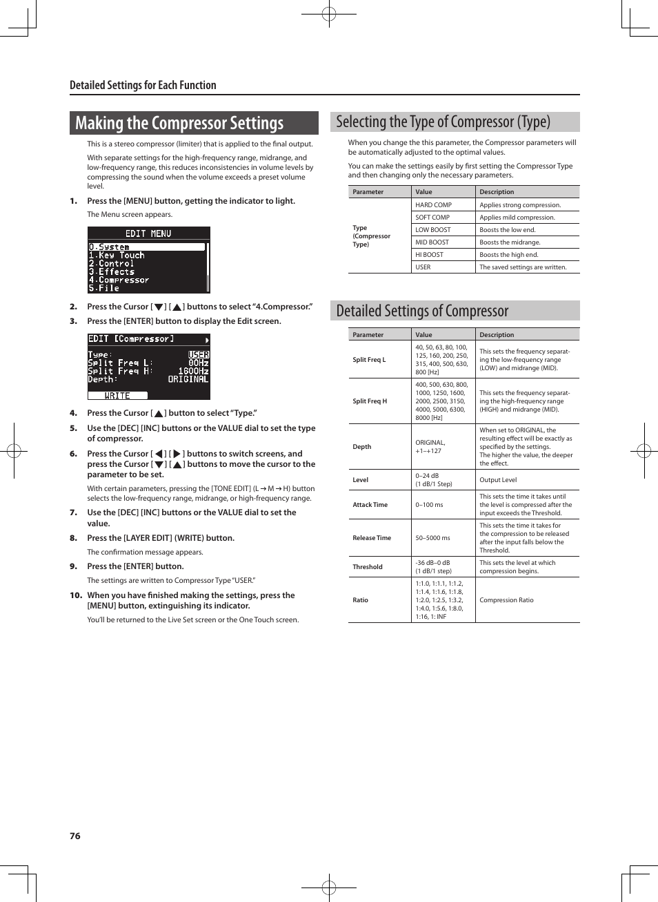 Making the compressor settings, Selecting the type of compressor (type), Detailed settings of compressor | Detailed settings for each function | Roland RD-700NX User Manual | Page 75 / 106