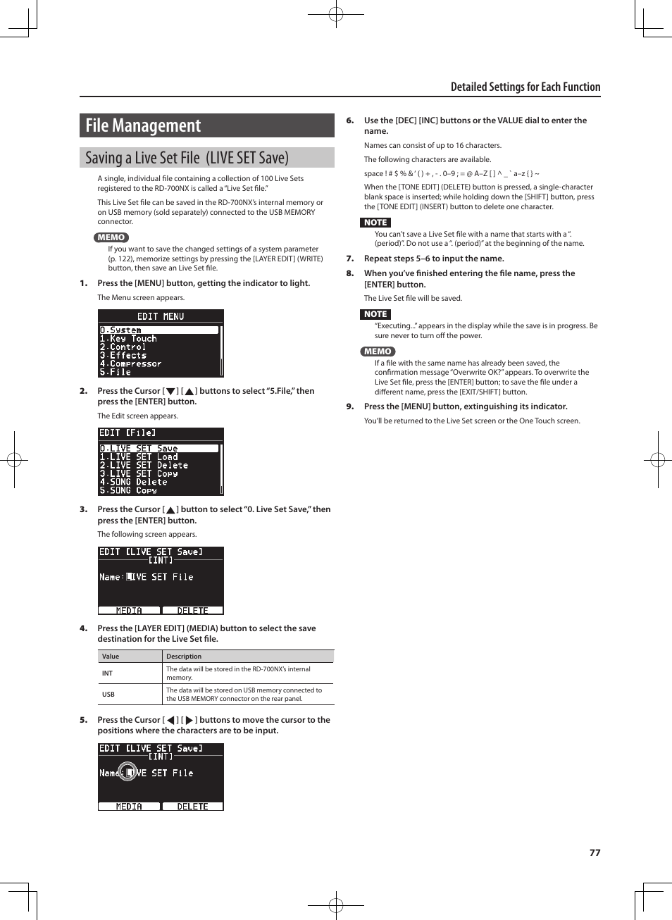 File management, Saving a live set file (live set save), Detailed settings for each function | Roland RD-700NX User Manual | Page 76 / 106