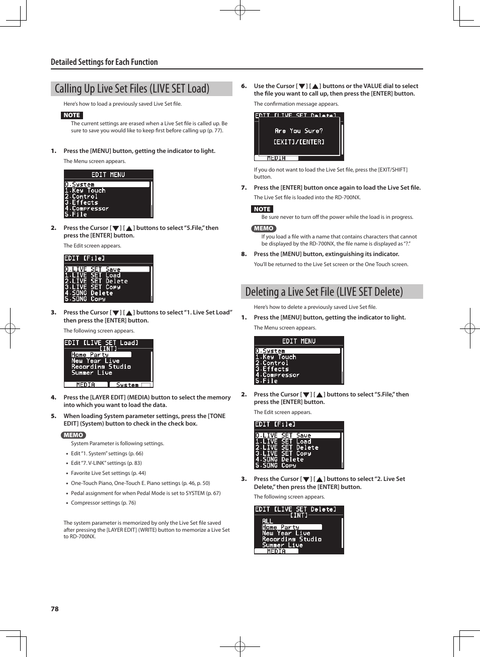 Calling up live set files (live set load), Deleting a live set file (live set delete), Detailed settings for each function | Roland RD-700NX User Manual | Page 77 / 106