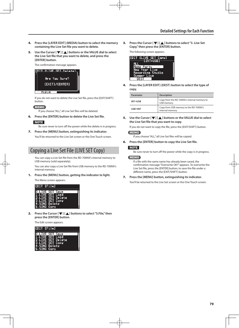 Copying a live set file (live set copy), Detailed settings for each function | Roland RD-700NX User Manual | Page 78 / 106