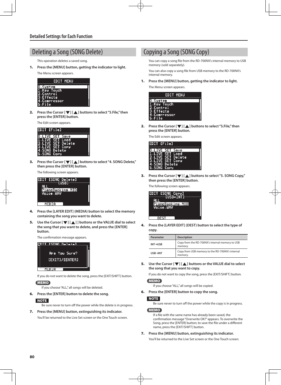 Deleting a song (song delete), Copying a song (song copy), Detailed settings for each function | Roland RD-700NX User Manual | Page 79 / 106