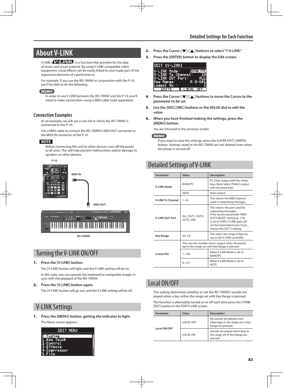 About v-link, Turning the v-link on/off, V-link settings | Detailed settings of v-link, Local on/off, Detailed settings for each function, Connection examples | Roland RD-700NX User Manual | Page 82 / 106