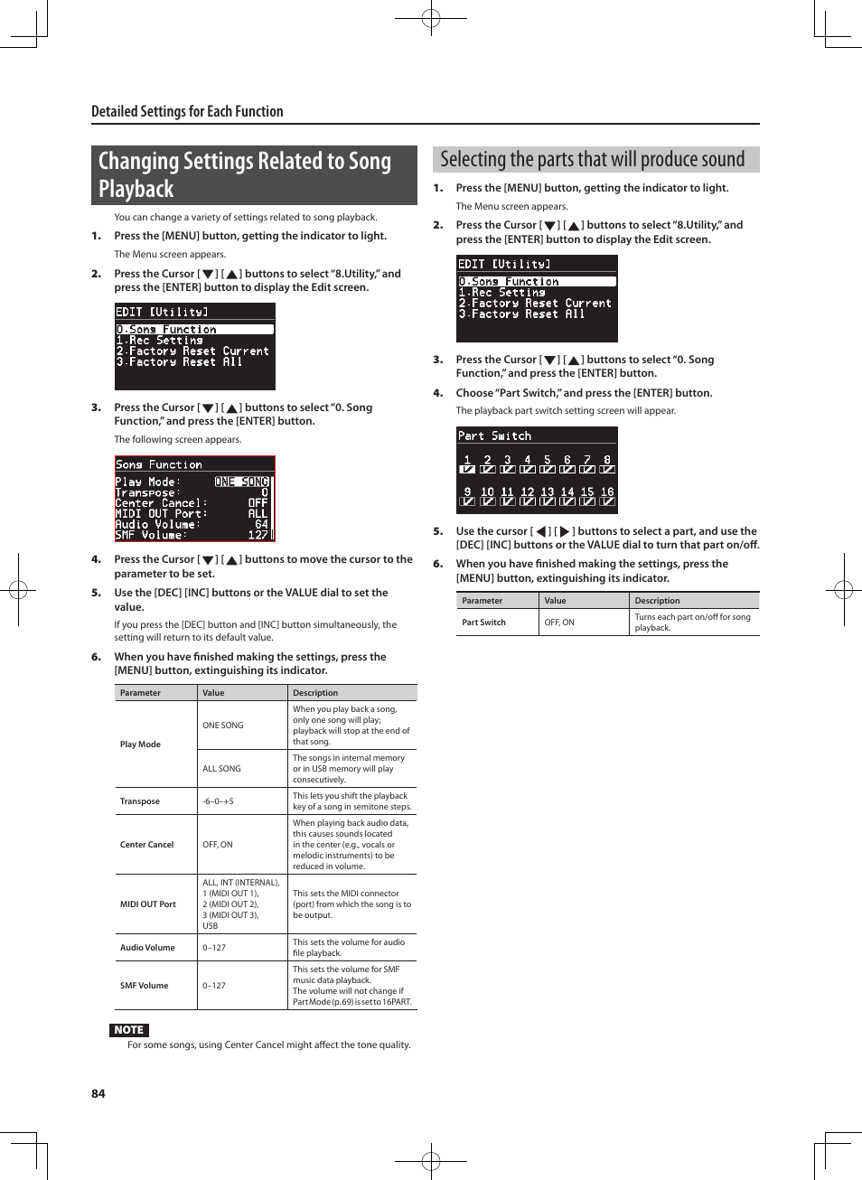 Changing settings related to song playback, Selecting the parts that will produce sound, Detailed settings for each function | Roland RD-700NX User Manual | Page 83 / 106