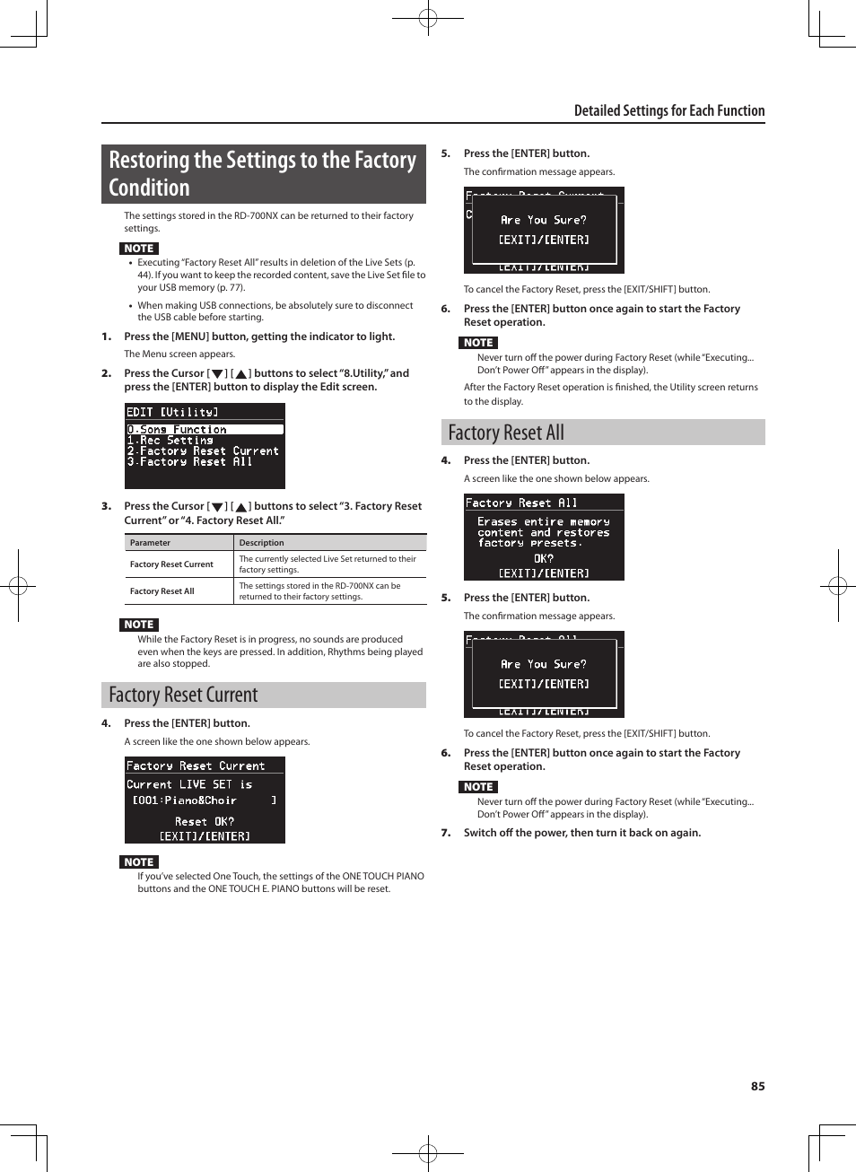 Restoring the settings to the factory condition, Factory reset current, Factory reset all | Detailed settings for each function | Roland RD-700NX User Manual | Page 84 / 106