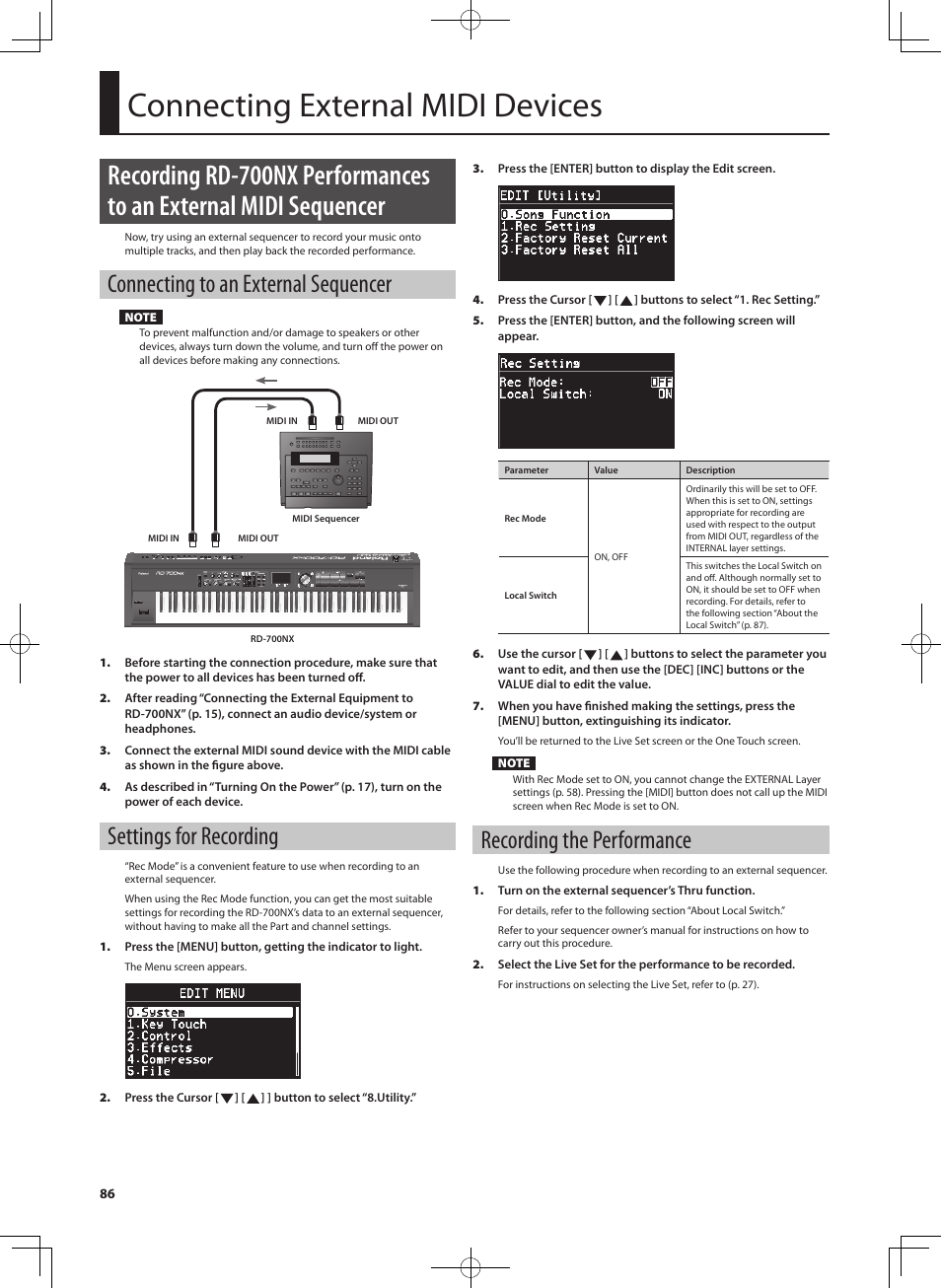 Connecting external midi devices, Connecting to an external sequencer, Settings for recording | Recording the performance | Roland RD-700NX User Manual | Page 85 / 106