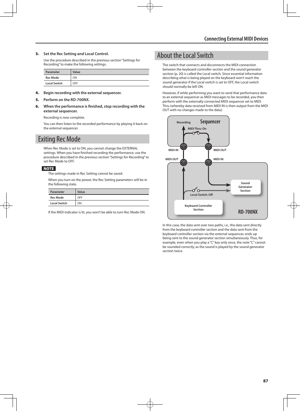 Exiting rec mode, About the local switch, Connecting external midi devices | Rd-700nx sequencer | Roland RD-700NX User Manual | Page 86 / 106