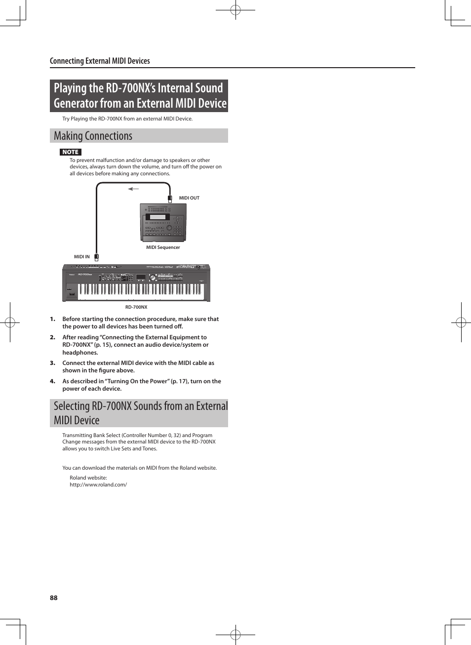 Making connections, Connecting external midi devices | Roland RD-700NX User Manual | Page 87 / 106