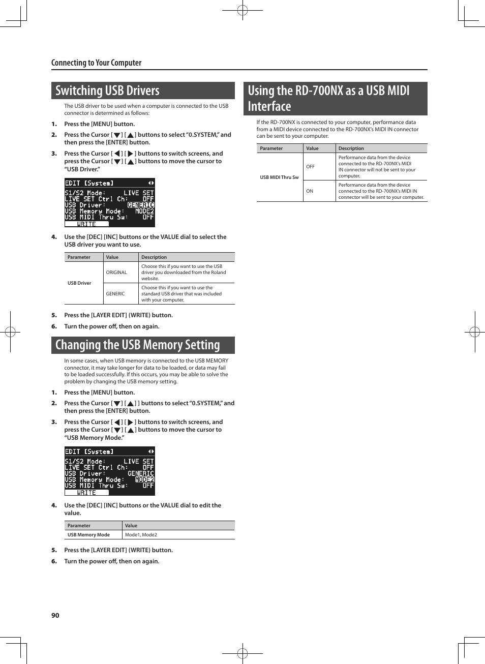 Switching usb drivers, Using the rd-700nx as a usb midi interface, Connecting to your computer | Roland RD-700NX User Manual | Page 89 / 106