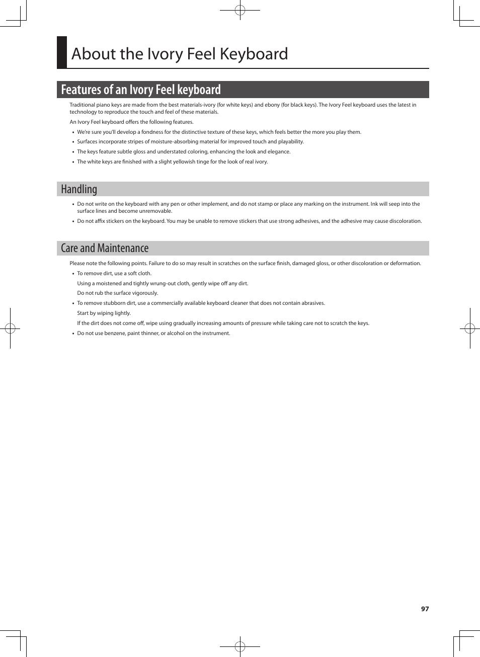 About the ivory feel keyboard, Features of an ivory feel keyboard, Handling | Care and maintenance | Roland RD-700NX User Manual | Page 96 / 106