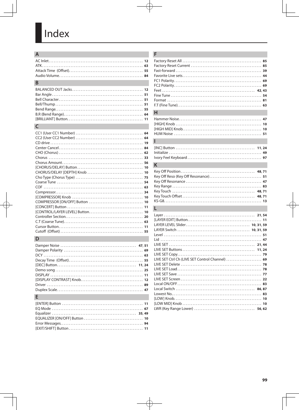 Index | Roland RD-700NX User Manual | Page 98 / 106