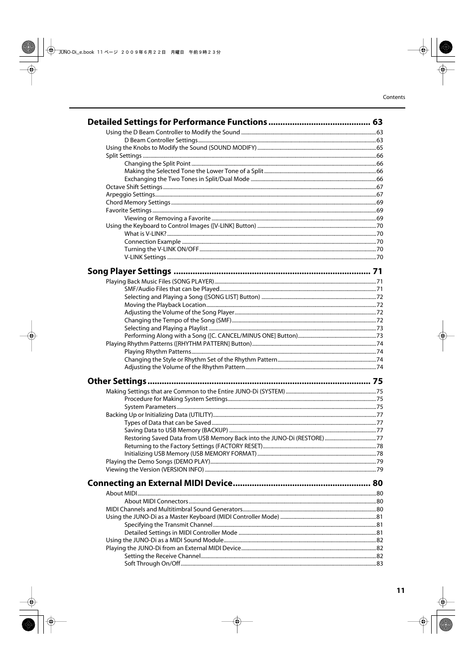 Detailed settings for performance functions, Song player settings, Other settings | Connecting an external midi device | Roland JUNO-Di User Manual | Page 11 / 136